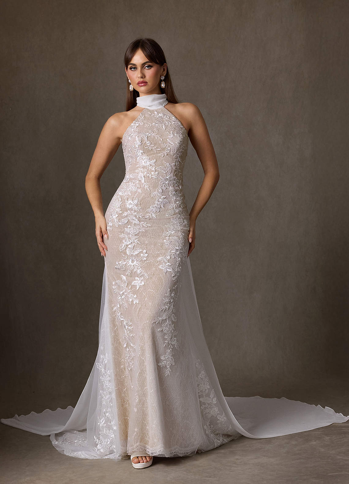 elyessen  Diamond White Sheath High Neck Lace Dress