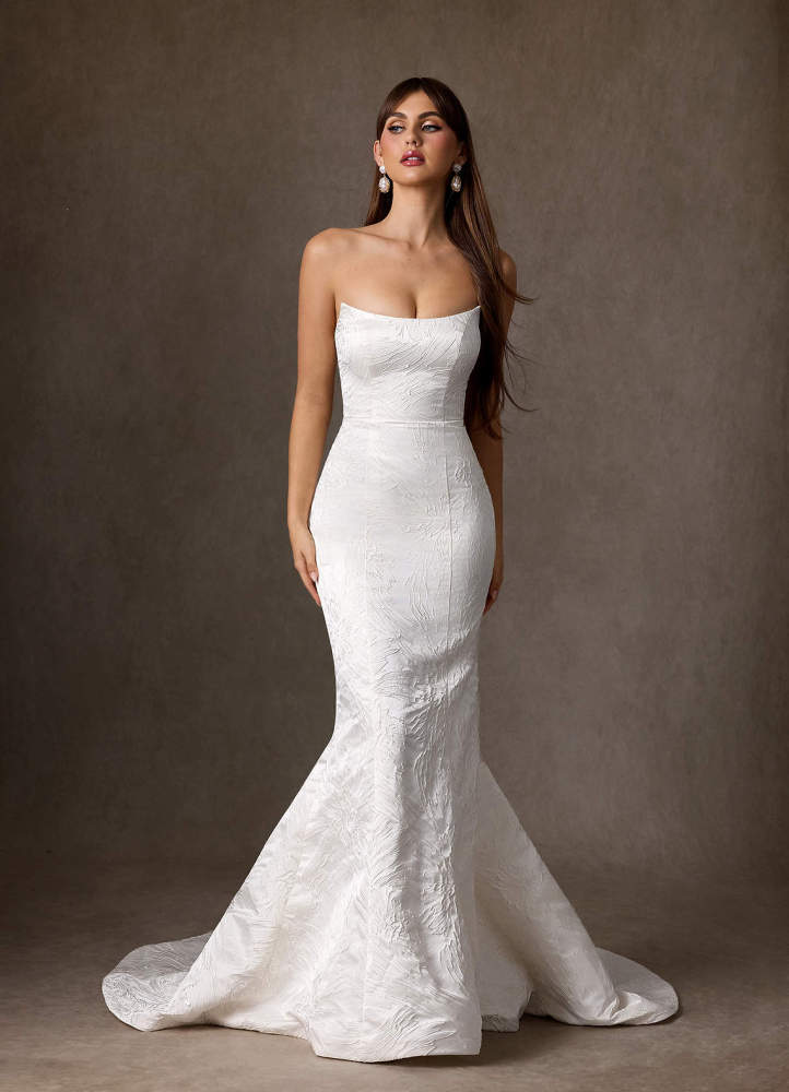 elyessen Serephina Diamond White Mermaid Strapless Floral Jacquard Dress