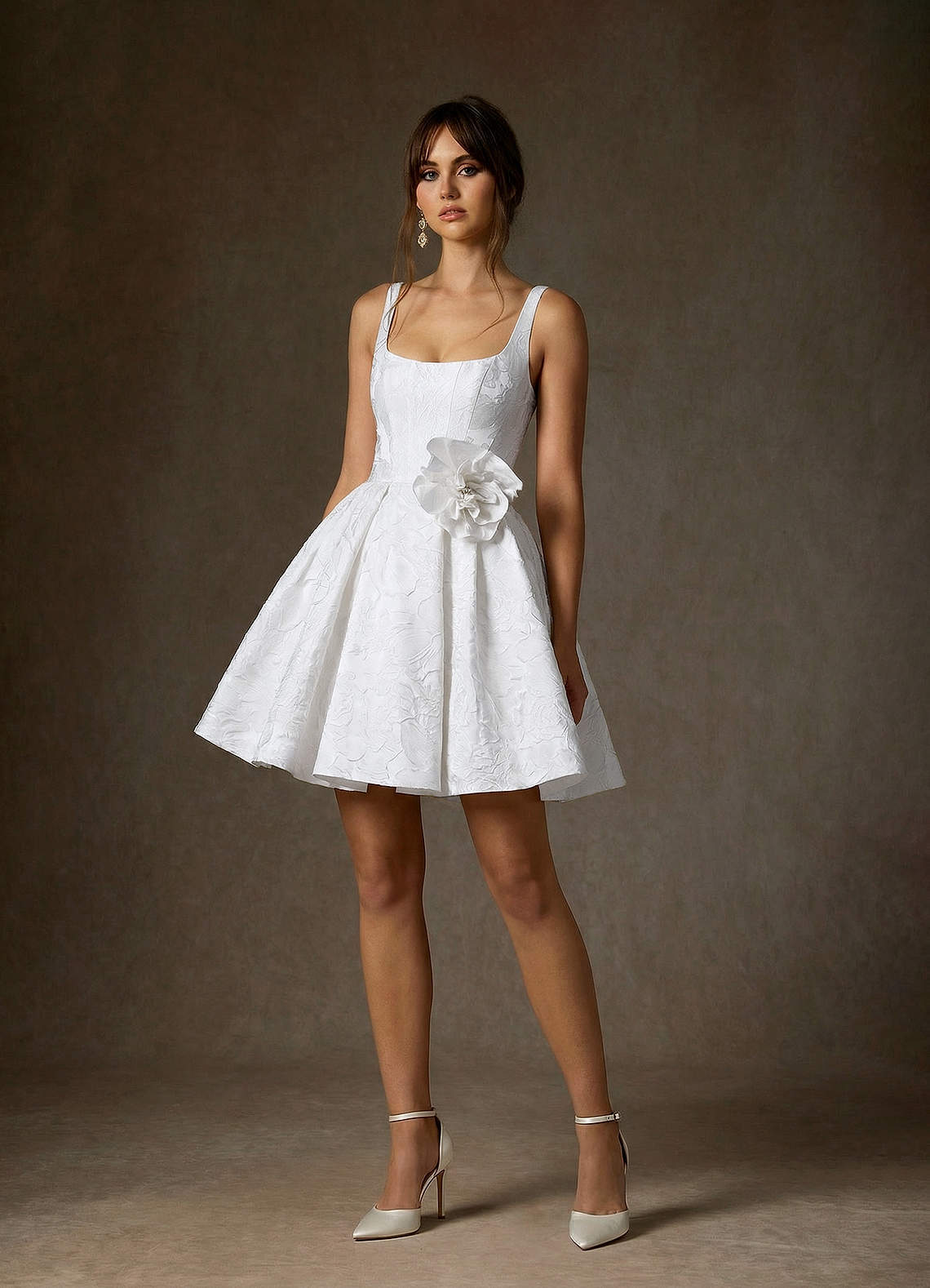 elyessen Ruby Diamond White A-Line with Pockets Floral Jacquard Dress