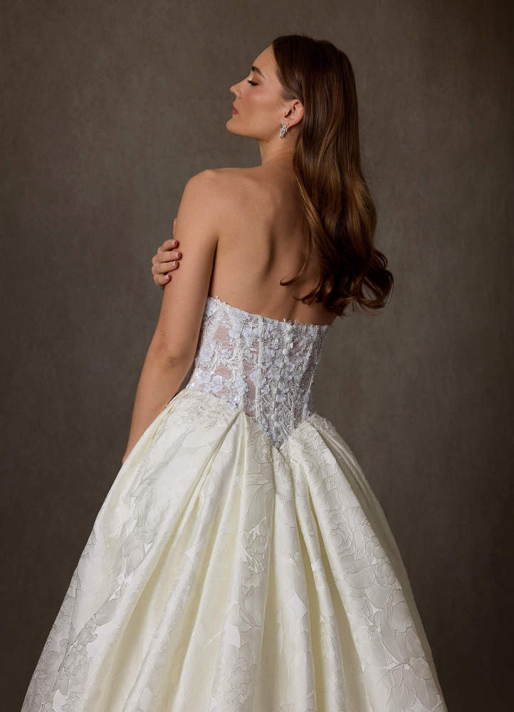 elyessen Genevieve Diamond White Ball-Gown Strapless Floral Jacquard Dress