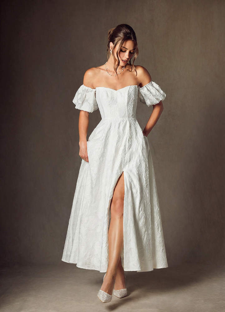 elyessen Clotille Diamond White Ball-Gown Sweetheart Neckline Floral Burnout Jacquard Dress