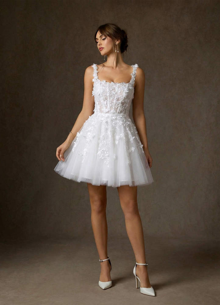 elyessen Sabine Diamond White A-Line Square Neckline Lace Dress