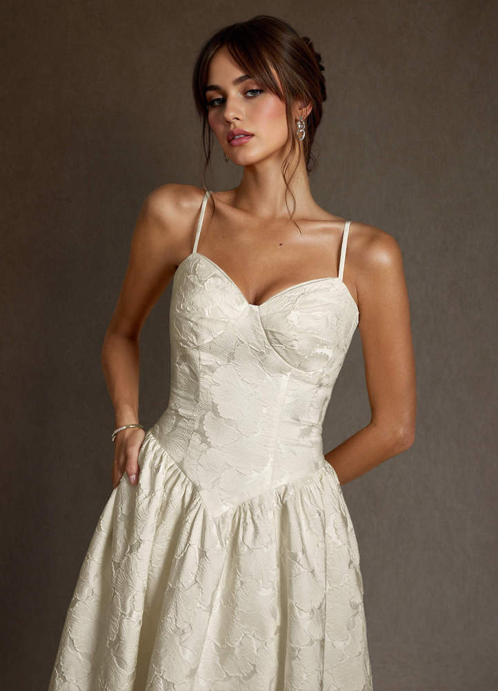 elyessen Devam Cream A-Line Strapless Floral Jacquard Dress