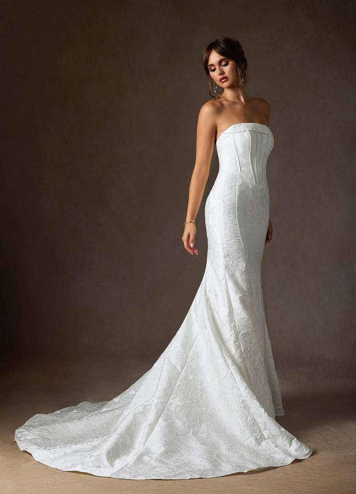 elyessen Kristella Diamond White Mermaid Strapless Floral Jacquard Dress