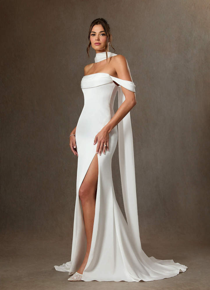 elyessen Blithe Stretch Diamond White Sheath Side Slit Stretch Satin Dress