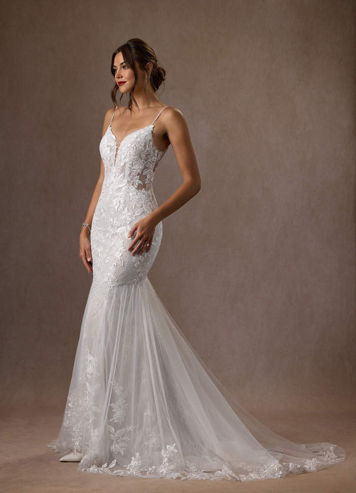 elyessen Leonie Diamond White Mermaid V-Neck Sequins Tulle Dress