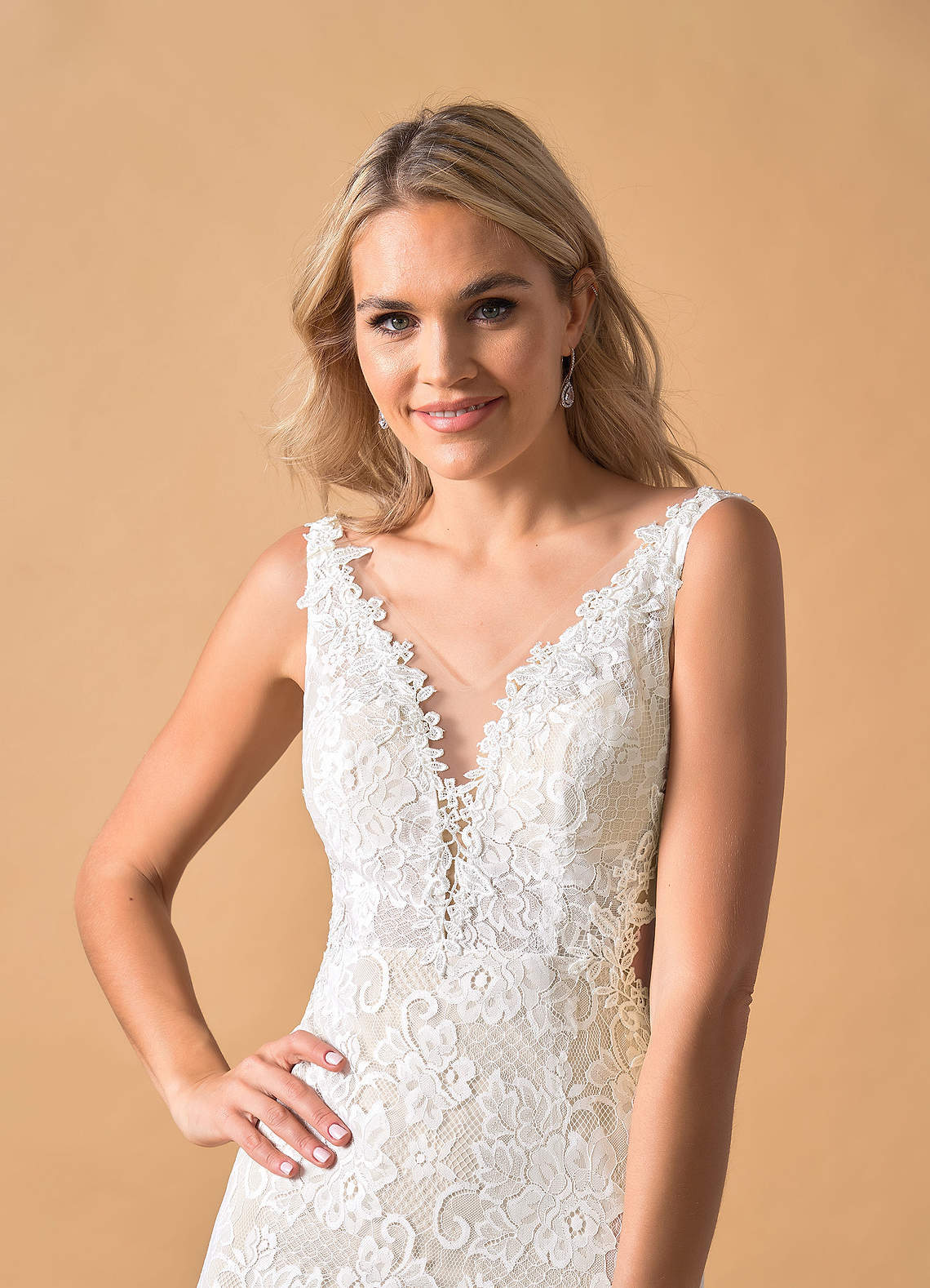 elyessen  Diamond White Champagne Mermaid V-Neck Lace Tulle Dress