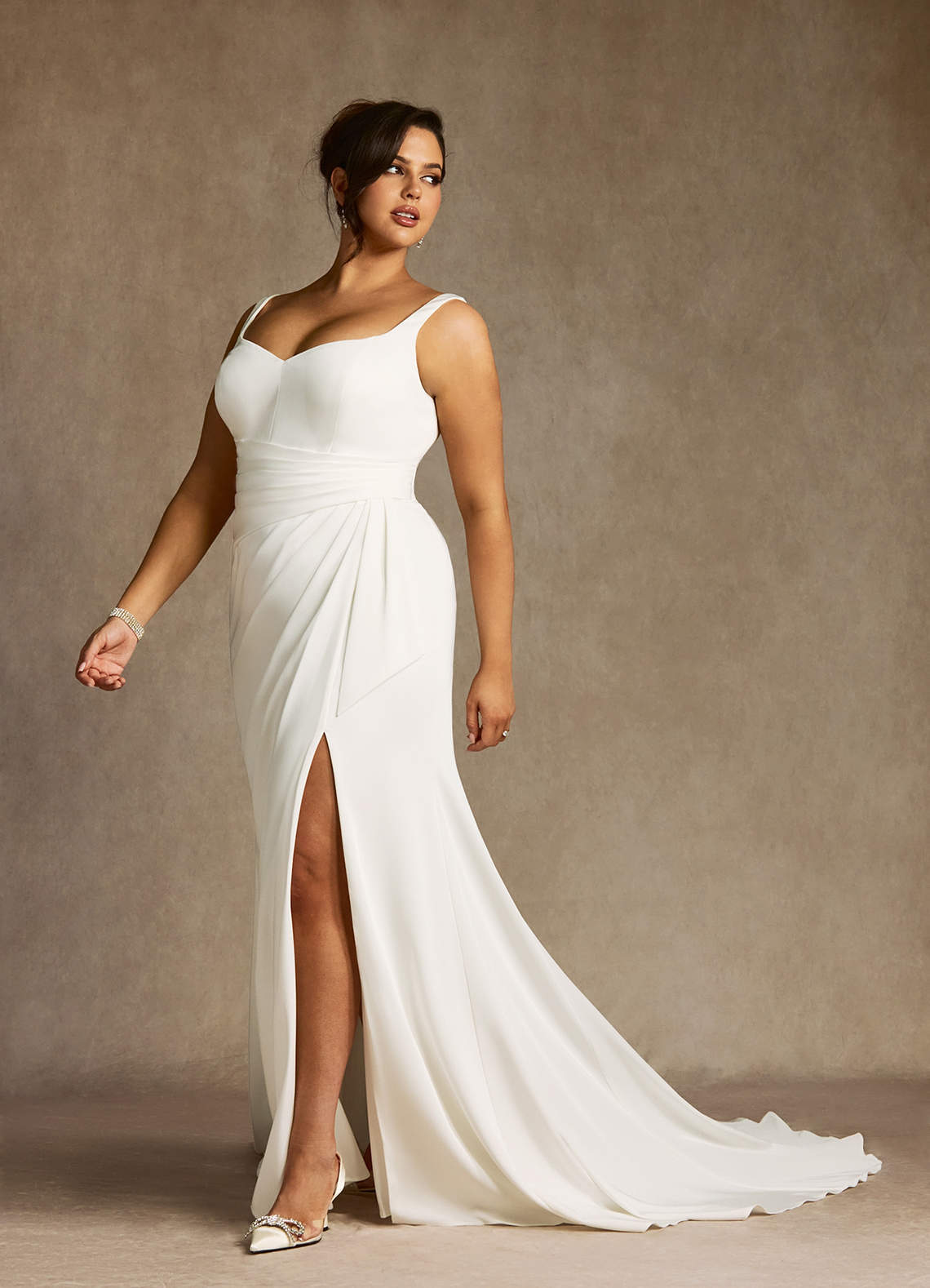 elyessen Isabella Diamond White Mermaid Pleated Crepe Back Satin Dress