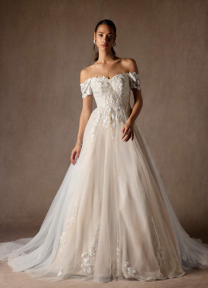 elyessen  Diamond White Ball-Gown Off the Shoulder Tulle Dress