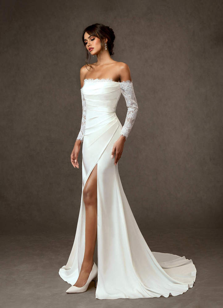 elyessen Onyx Diamond White Mermaid Sequins Crepe Back Satin Dress