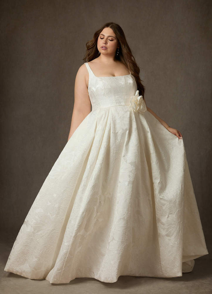 elyessen Ruby Antique White Ball-Gown with Pockets Floral Jacquard Dress
