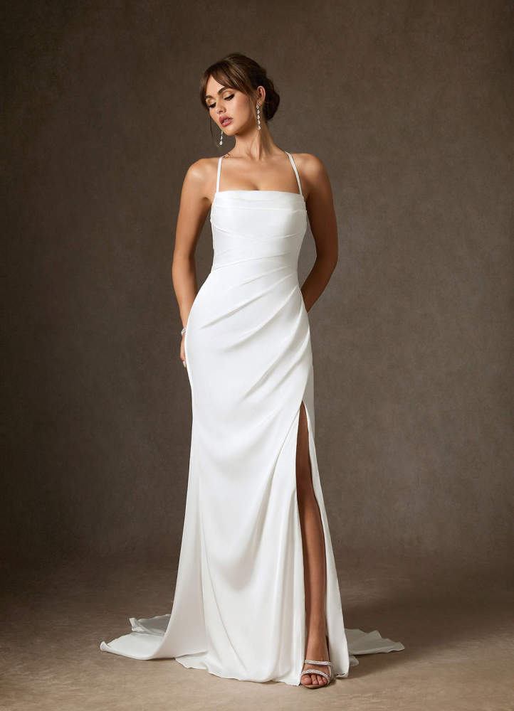 elyessen Kierra Stretch Diamond White Mermaid Pleated Stretch Satin Dress