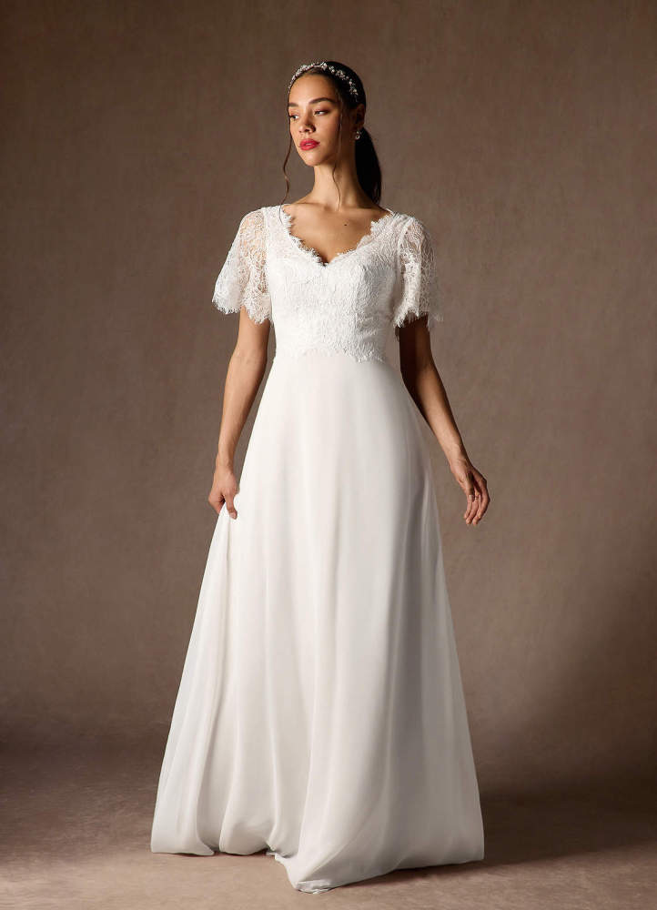 elyessen Veradis Diamond White A-Line V-Neck lace Chiffon Dress