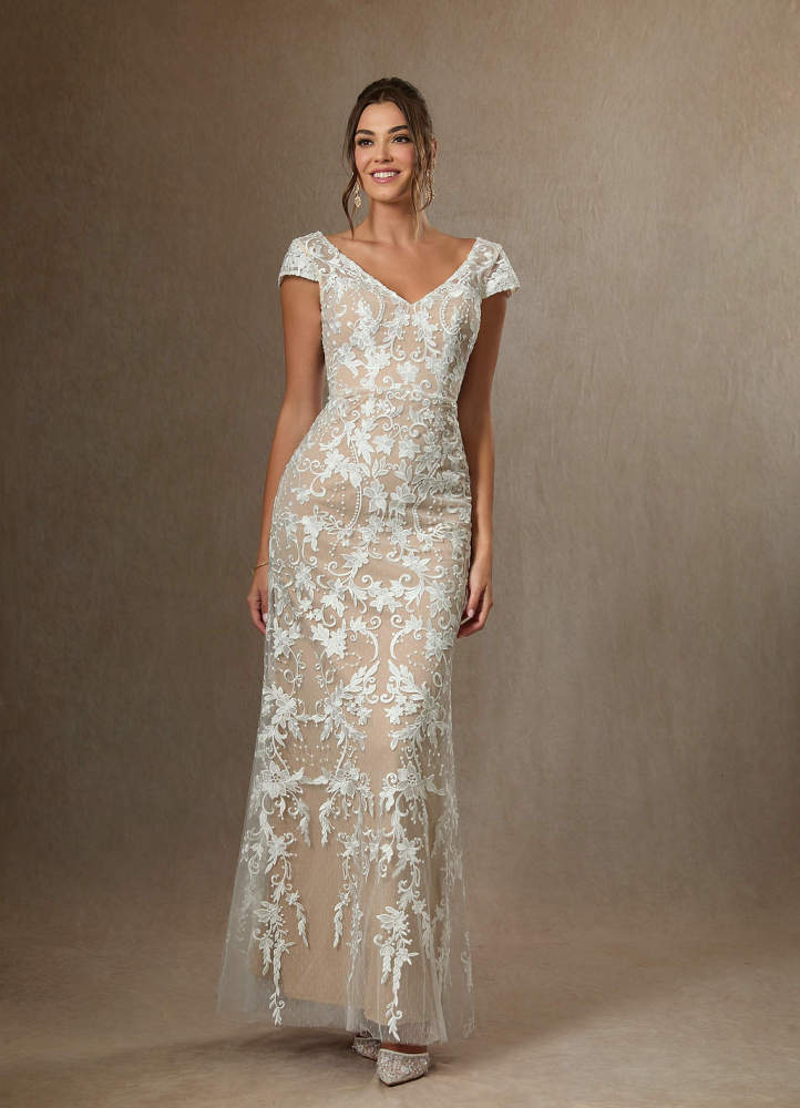 elyessen Diamond White Sheath V-Neck Sequins Lace Dress