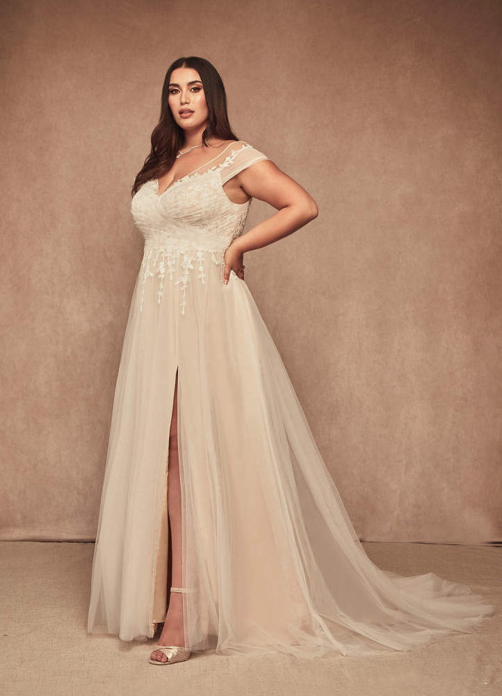 elyessen  Diamond White A-Line V-Neck Tulle Dress