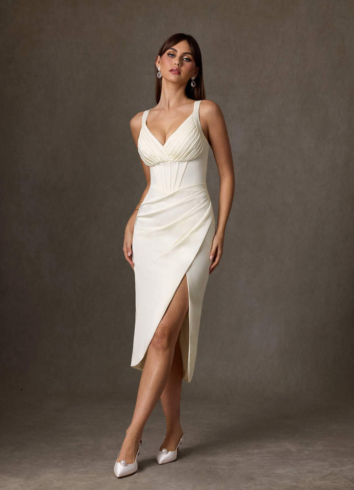 elyessen Zoie Diamond White Sheath Pleated Crepe Back Satin Dress