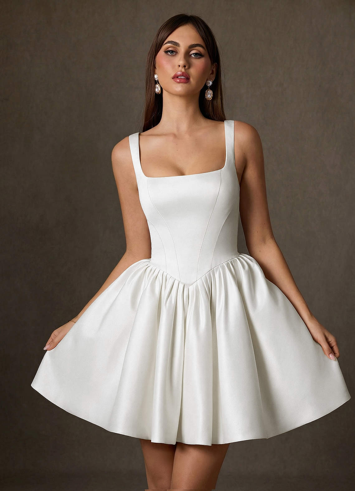 elyessen Saverina Diamond White A-Line with Pockets Satin Dress