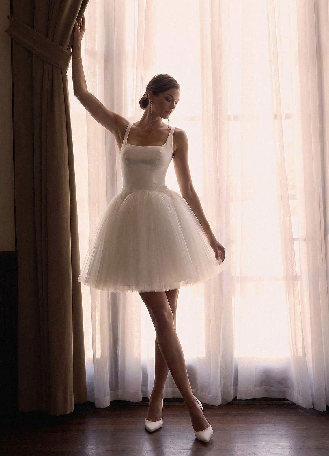 elyessen Annora Diamond White A-Line Square Neckline Tulle Dress