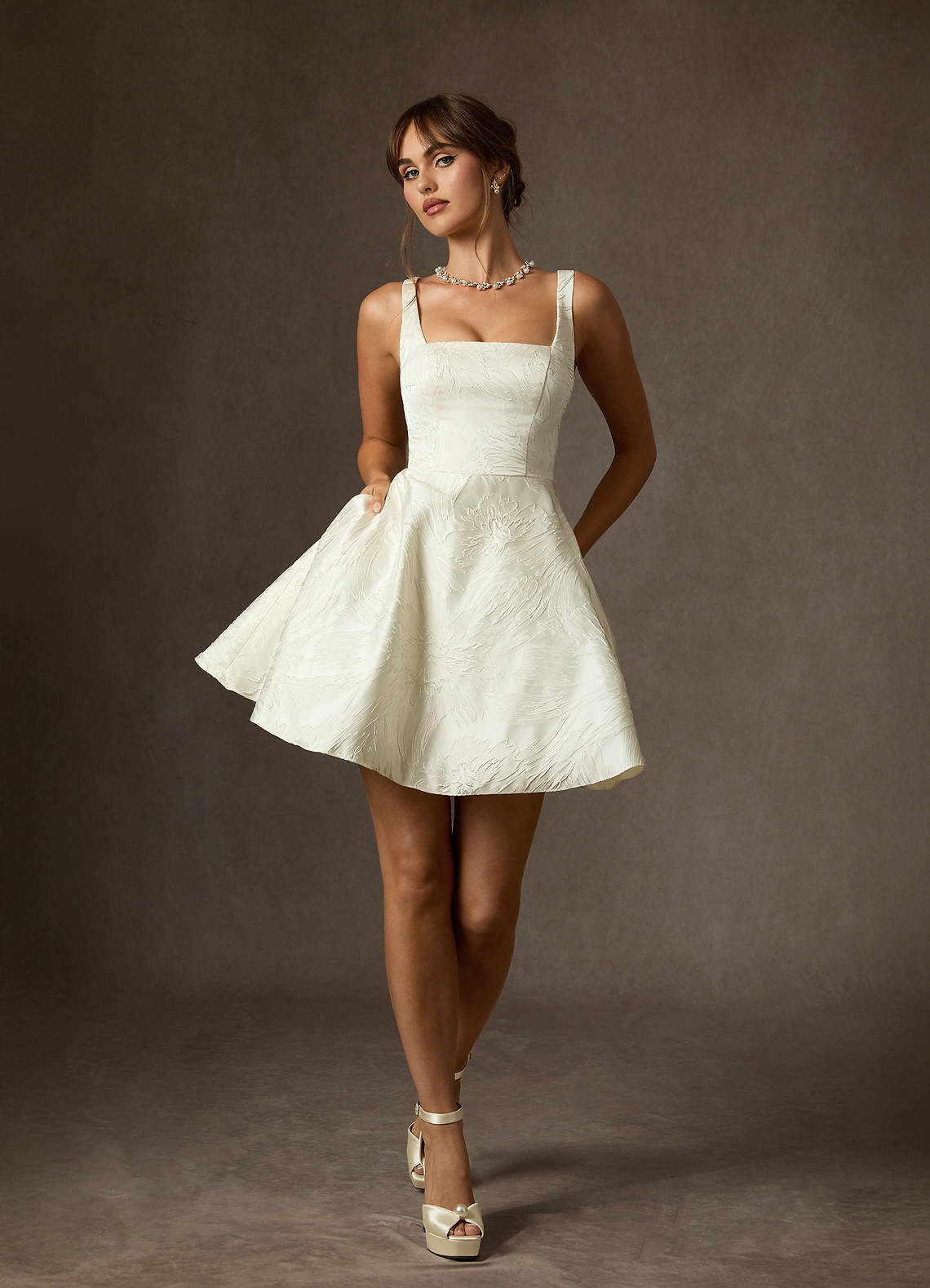 elyessen Regina Diamond White A-Line with Pockets Floral Jacquard Dress