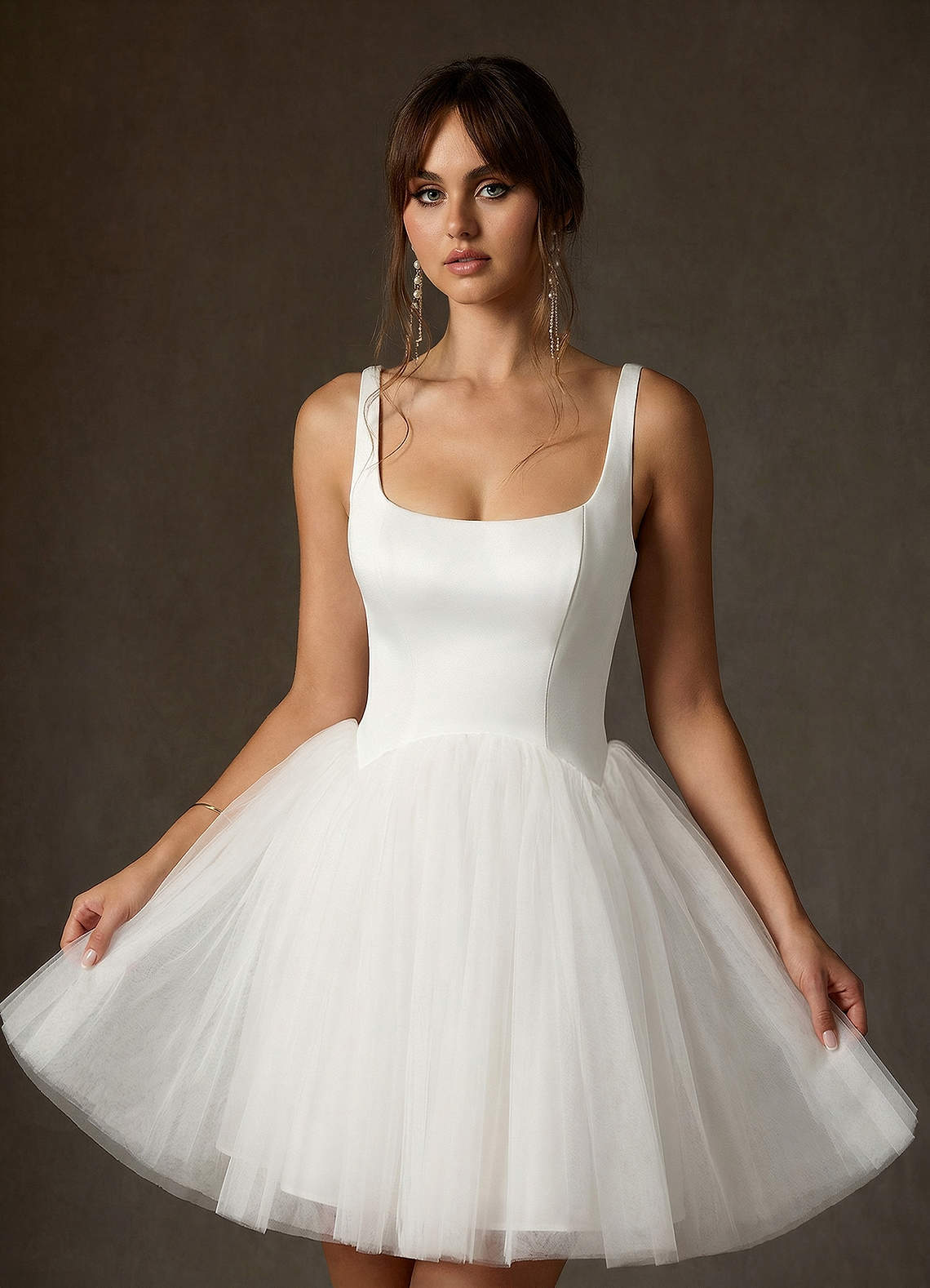 elyessen Annora Diamond White A-Line Square Neckline Tulle Dress