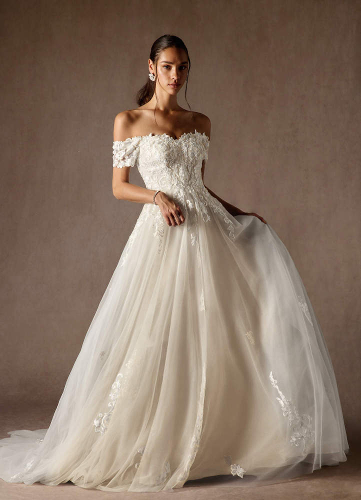 elyessen  Diamond White Ball-Gown Off the Shoulder Tulle Dress