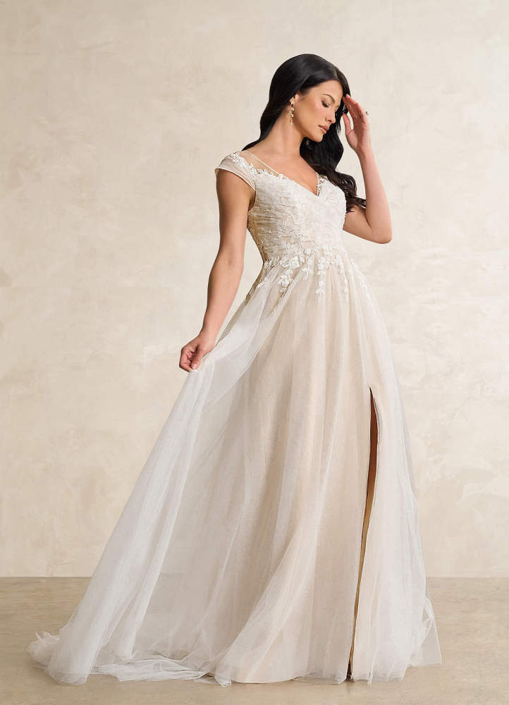 elyessen  Diamond White A-Line V-Neck Tulle Dress