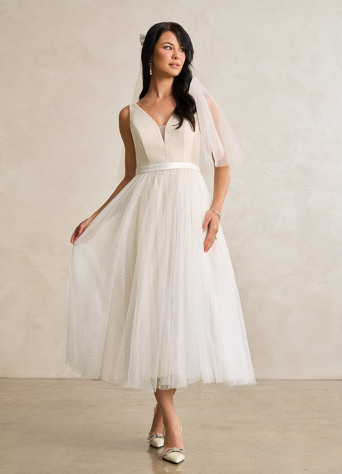 elyessen Windsor Diamond White A-Line Bow Tulle Dress