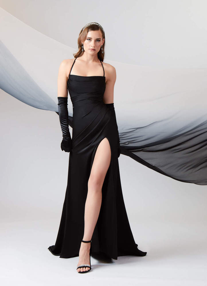 elyessen Kierra Stretch Diamond White Mermaid Pleated Stretch Satin Dress