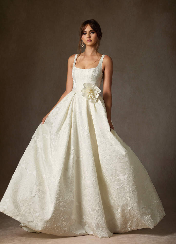 elyessen Ruby Antique White Ball-Gown with Pockets Floral Jacquard Dress