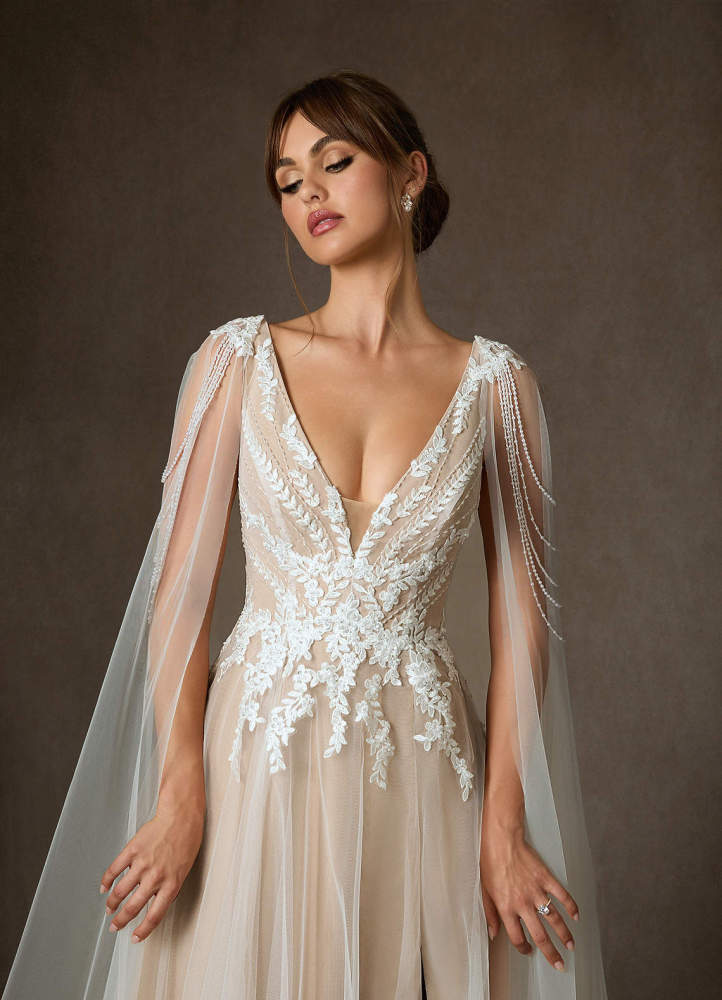 elyessen Goddess Two-Piece Diamond White A-Line V-Neck Sequins Tulle Dress