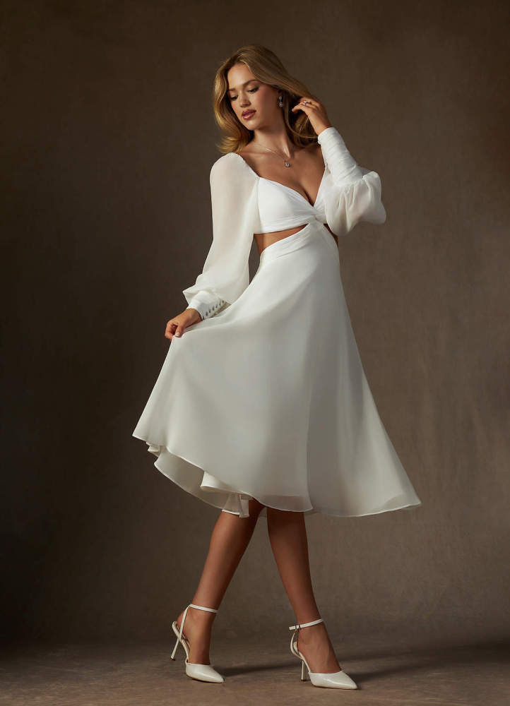 elyessen Delfina Diamond White A-Line V-Neck Pleated Chiffon Dress
