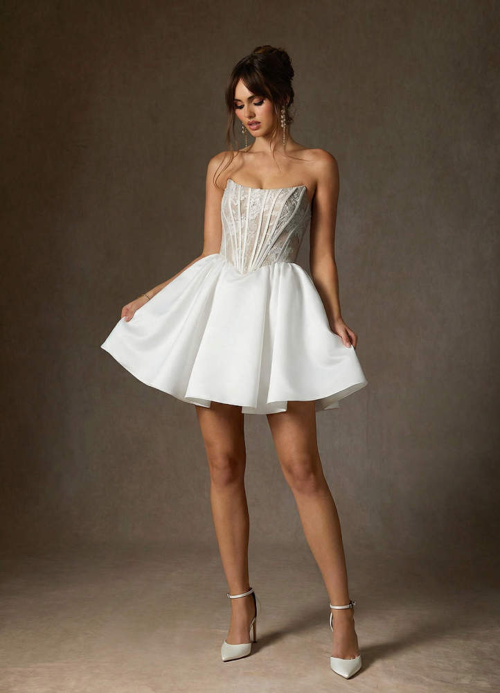 elyessen Diamond White A-Line Strapless Lace Dress