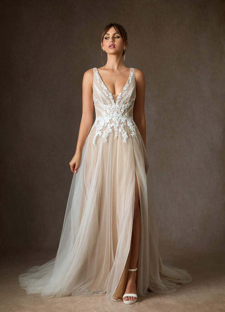 elyessen Goddess Two-Piece Diamond White A-Line V-Neck Sequins Tulle Dress