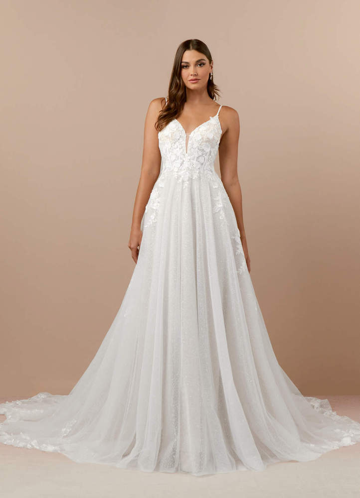 elyessen Arabelle Diamond White A-Line V-Neck Lace Tulle Dress