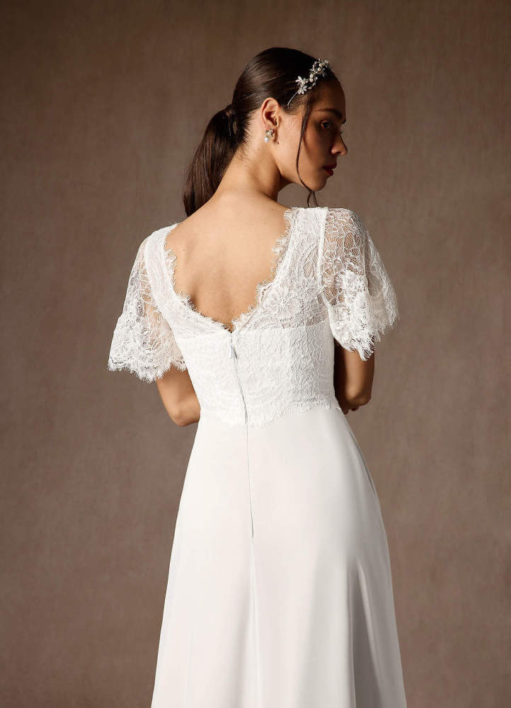 elyessen Veradis Diamond White A-Line V-Neck lace Chiffon Dress