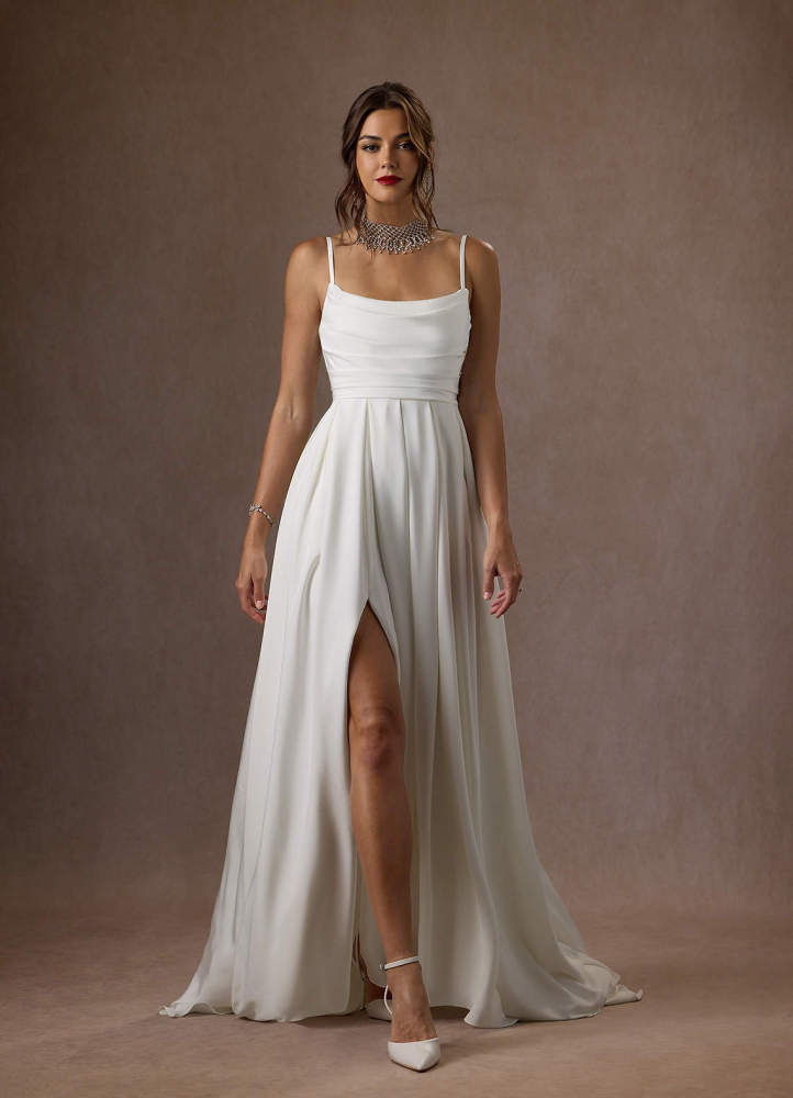 elyessen Caymus Diamond White A-Line Scoop Pleated Crepe Back Satin Dress