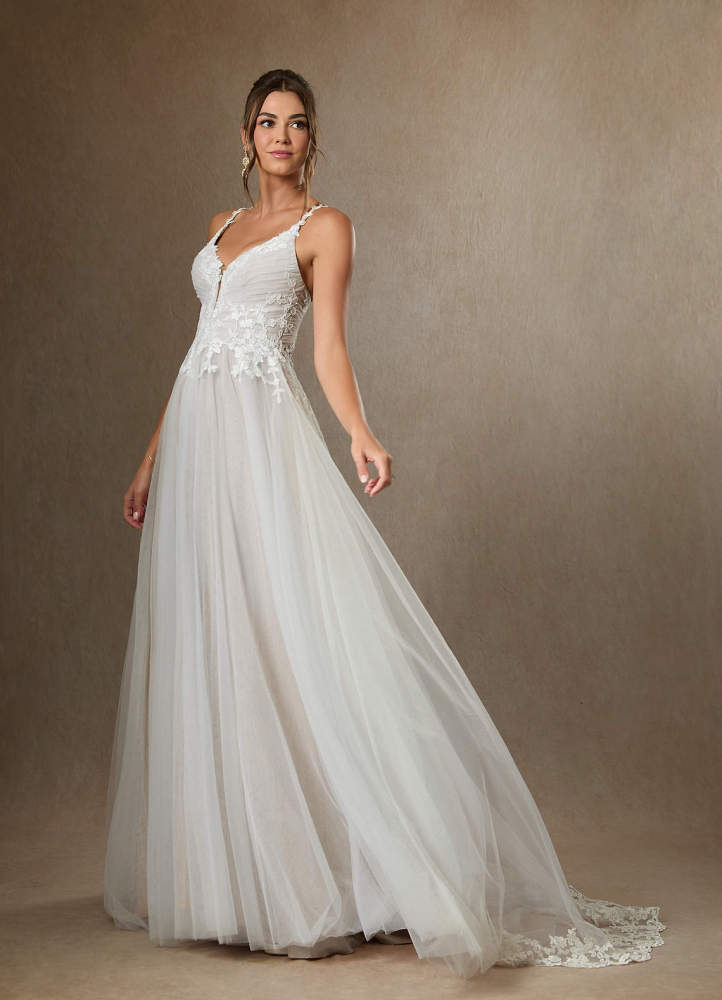 elyessen Devi Free pannier Diamond White A-Line V-Neck Lace Tulle Dress