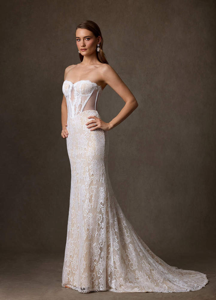 elyessen Issa Diamond White Sheath Strapless Lace Dress