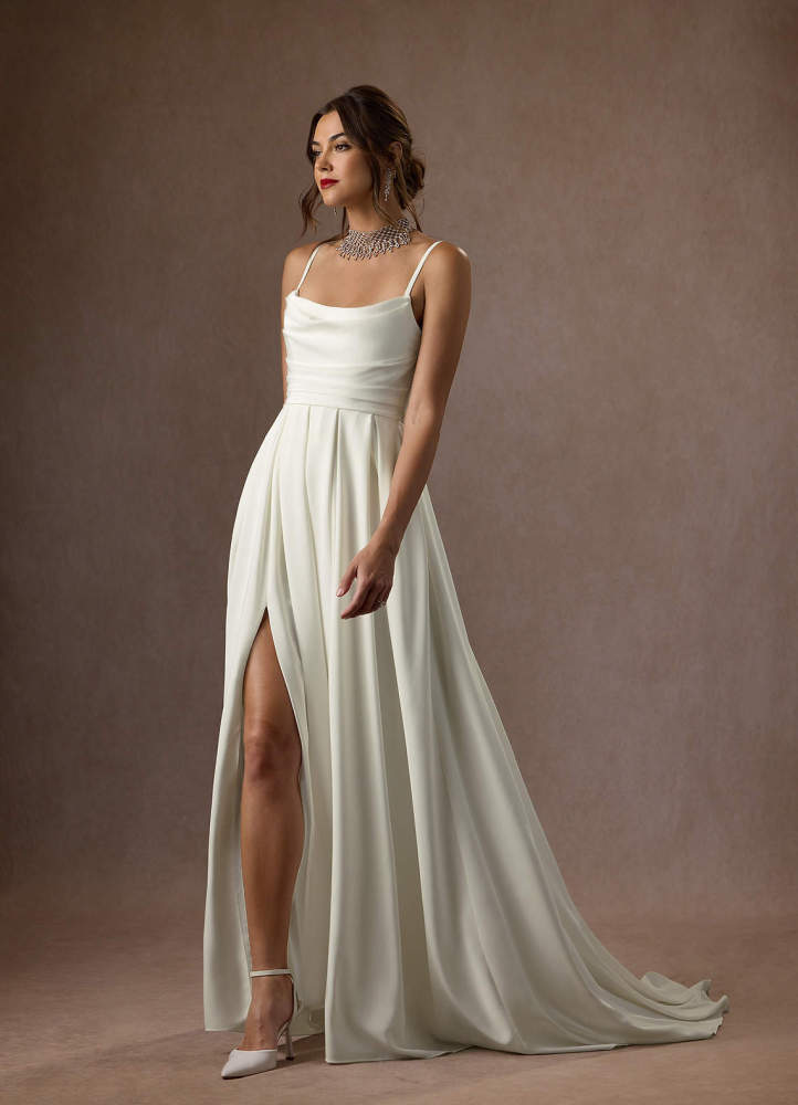 elyessen Caymus Diamond White A-Line Scoop Pleated Crepe Back Satin Dress