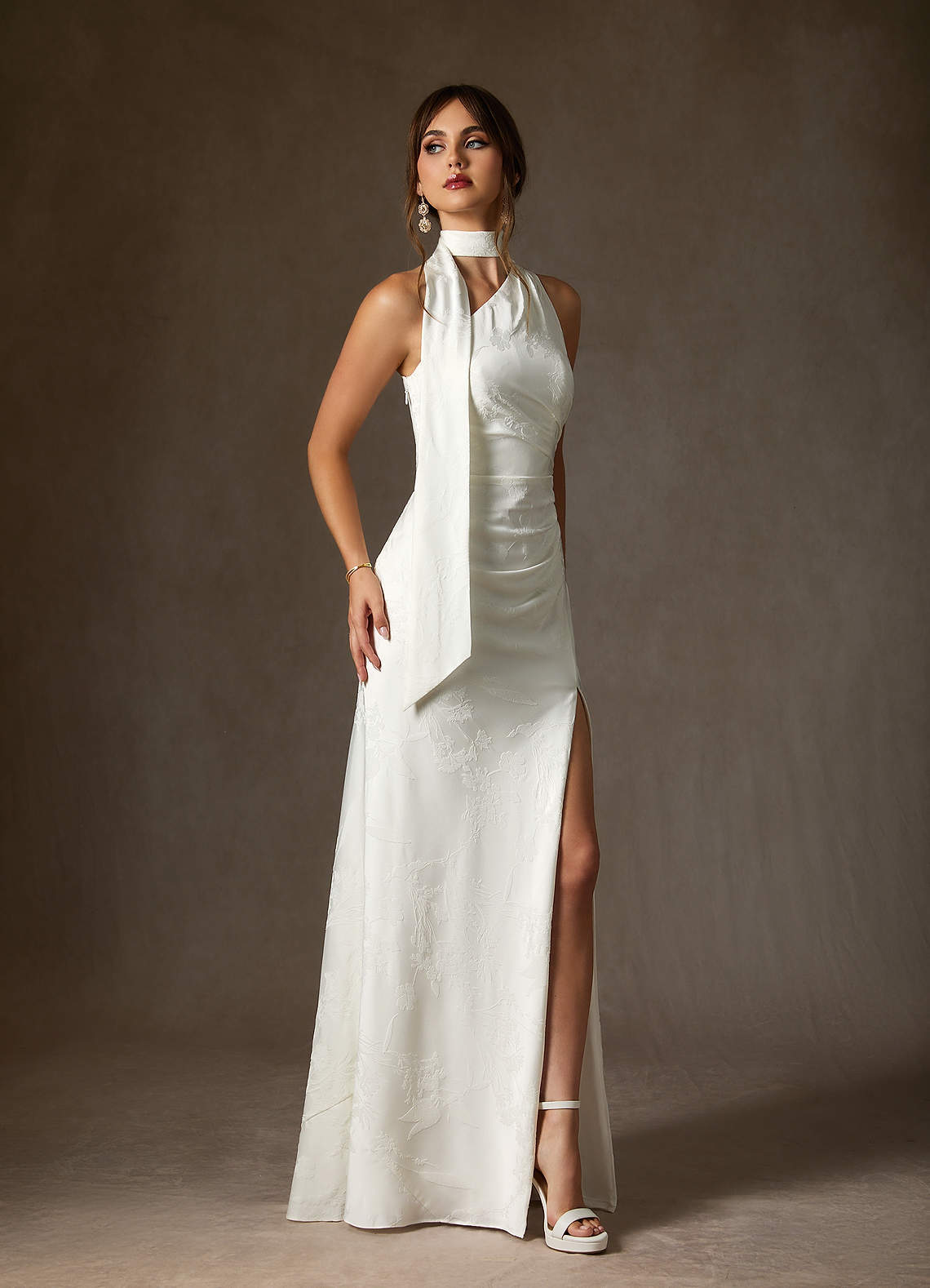 elyessen Misty Diamond White Sheath One Shoulder Floral Jacquard Dress
