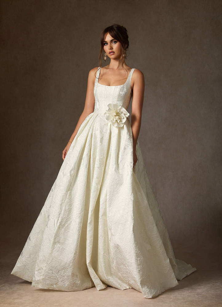 elyessen Ruby Antique White Ball-Gown with Pockets Floral Jacquard Dress