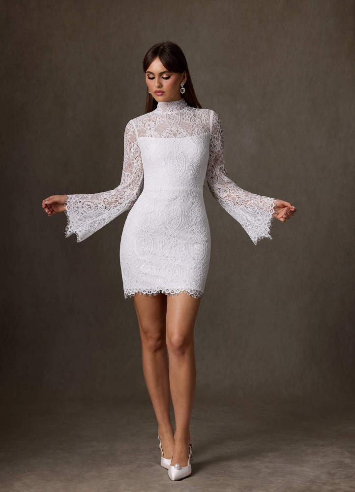 elyessen Ivie Diamond White Sheath High Neck Lace Dress