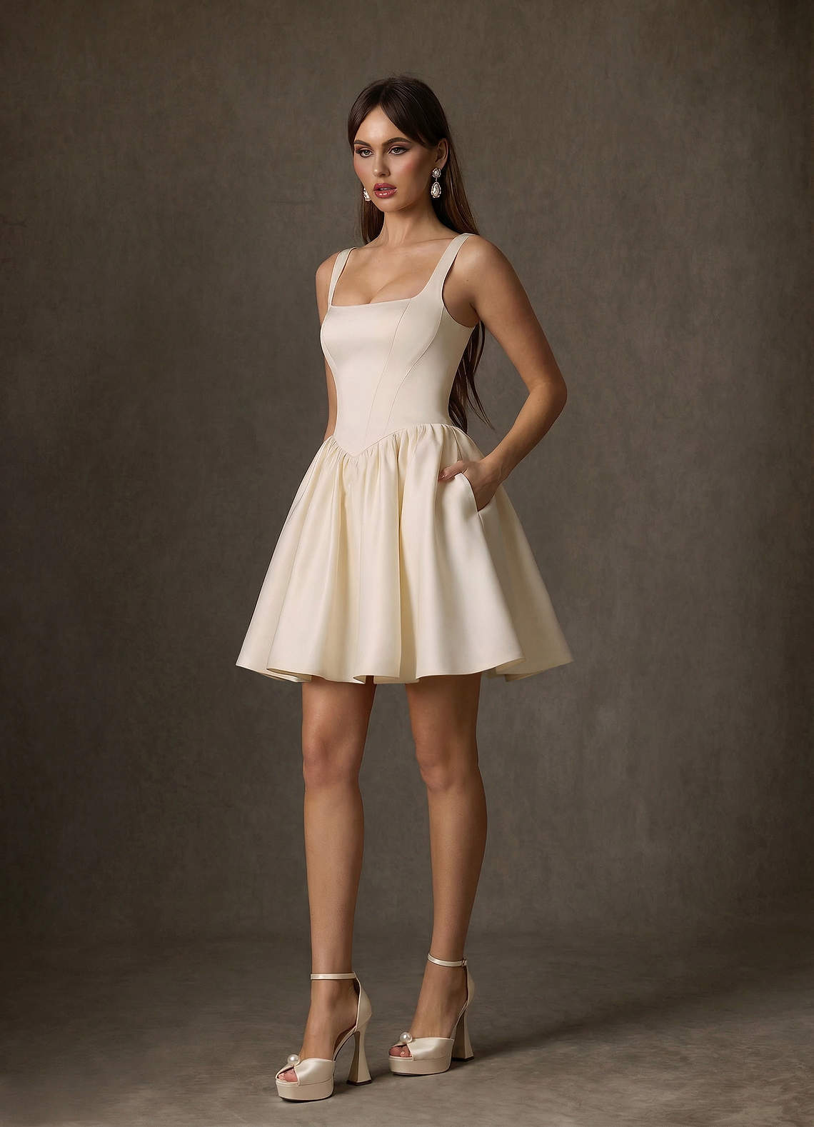 elyessen  Diamond White A-Line with Pockets Satin Dress