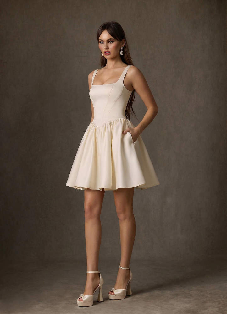 elyessen  Diamond White A-Line with Pockets Satin Dress