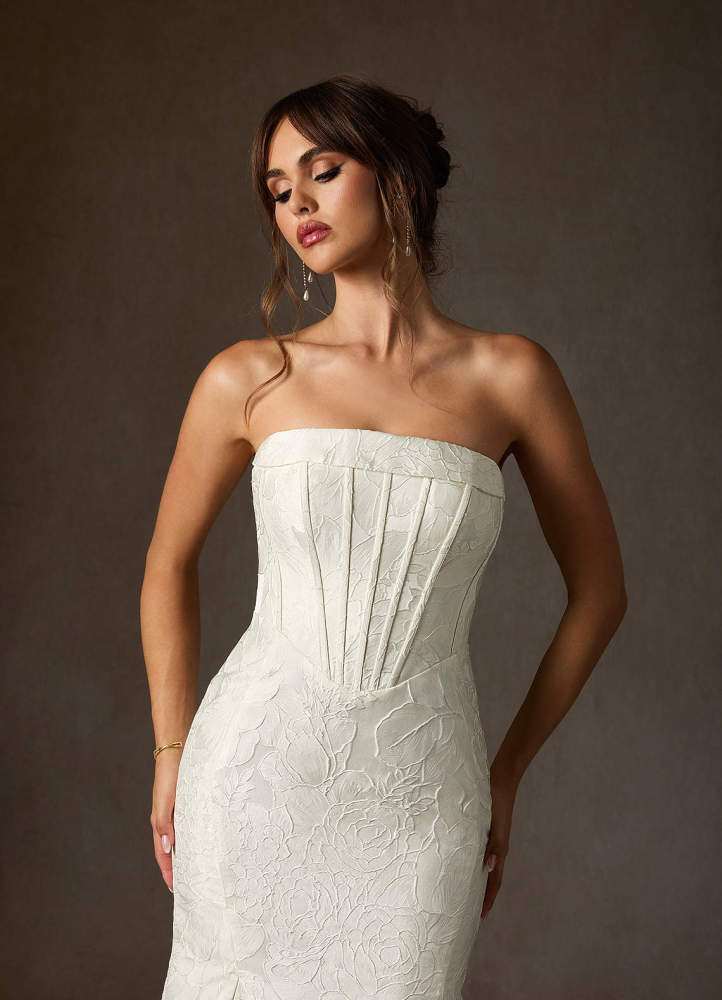 elyessen Kristella Diamond White Mermaid Strapless Floral Jacquard Dress