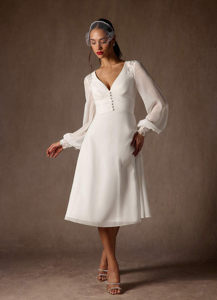 elyessen Amila Diamond White A-Line V-Neck Lace Chiffon Dress