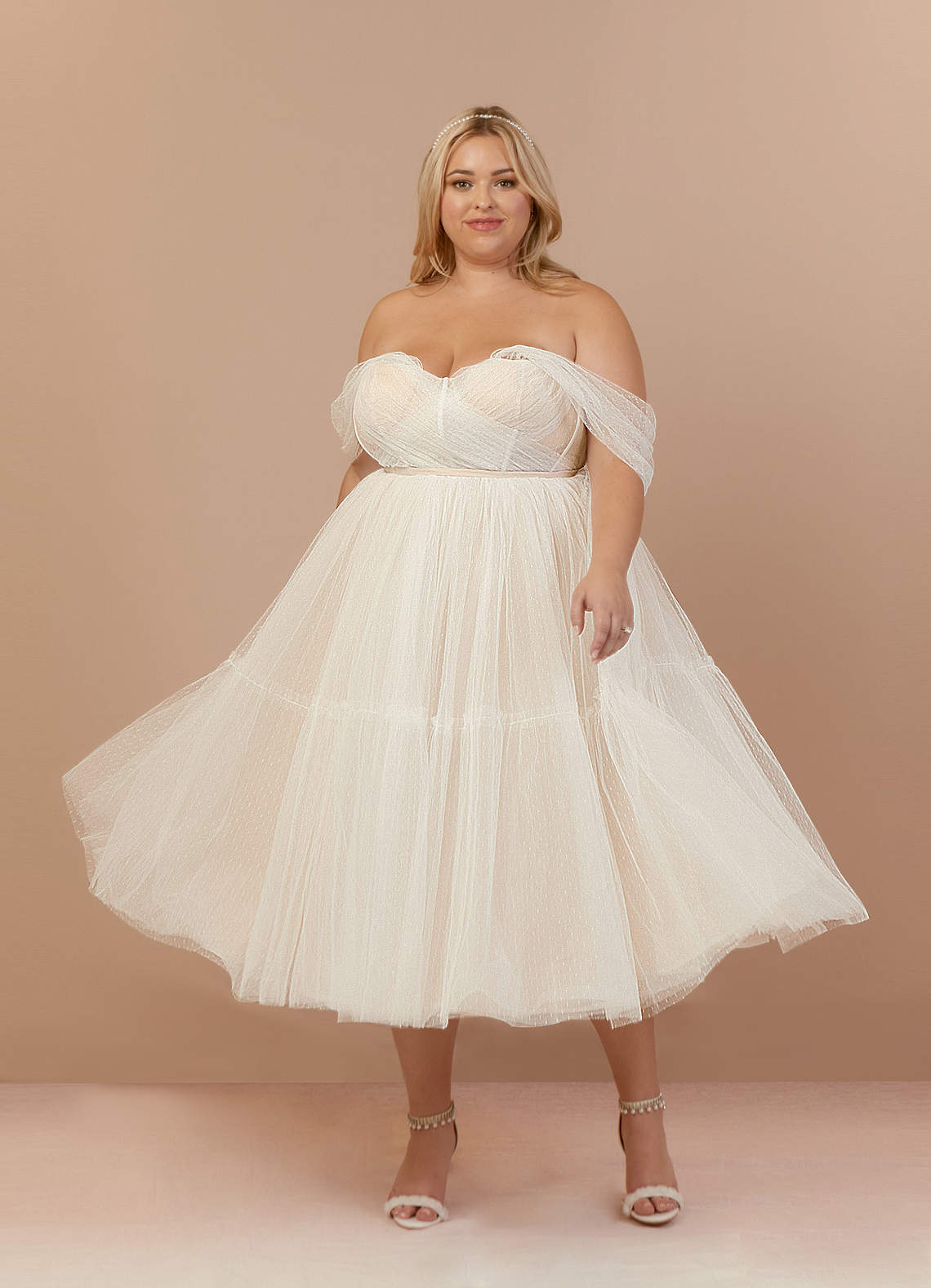 elyessen Vienna Diamond White Champagne A-Line Off-The-Shouler Tulle Dress