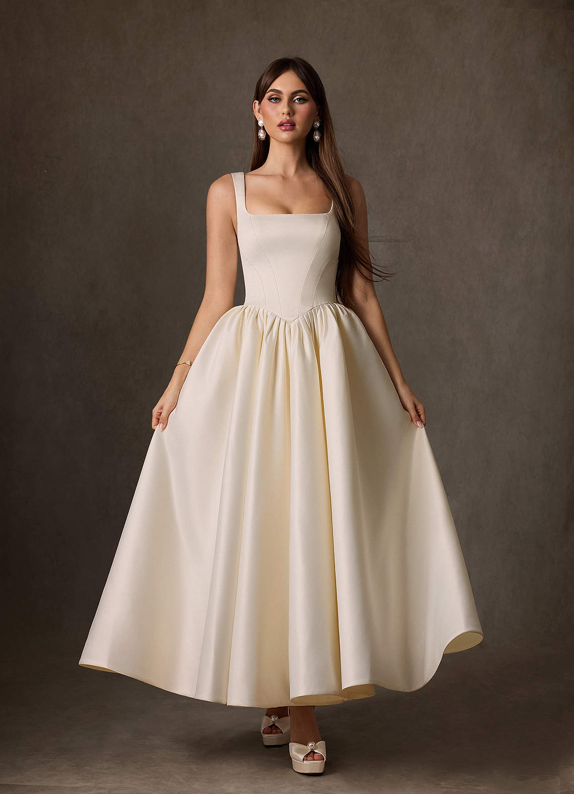 elyessen  Diamond White A-Line with Pockets Satin Dress