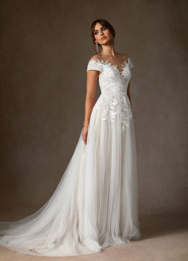 elyessen  Diamond White A-Line Illusion Off-The-Shouler Lace Tulle Dress
