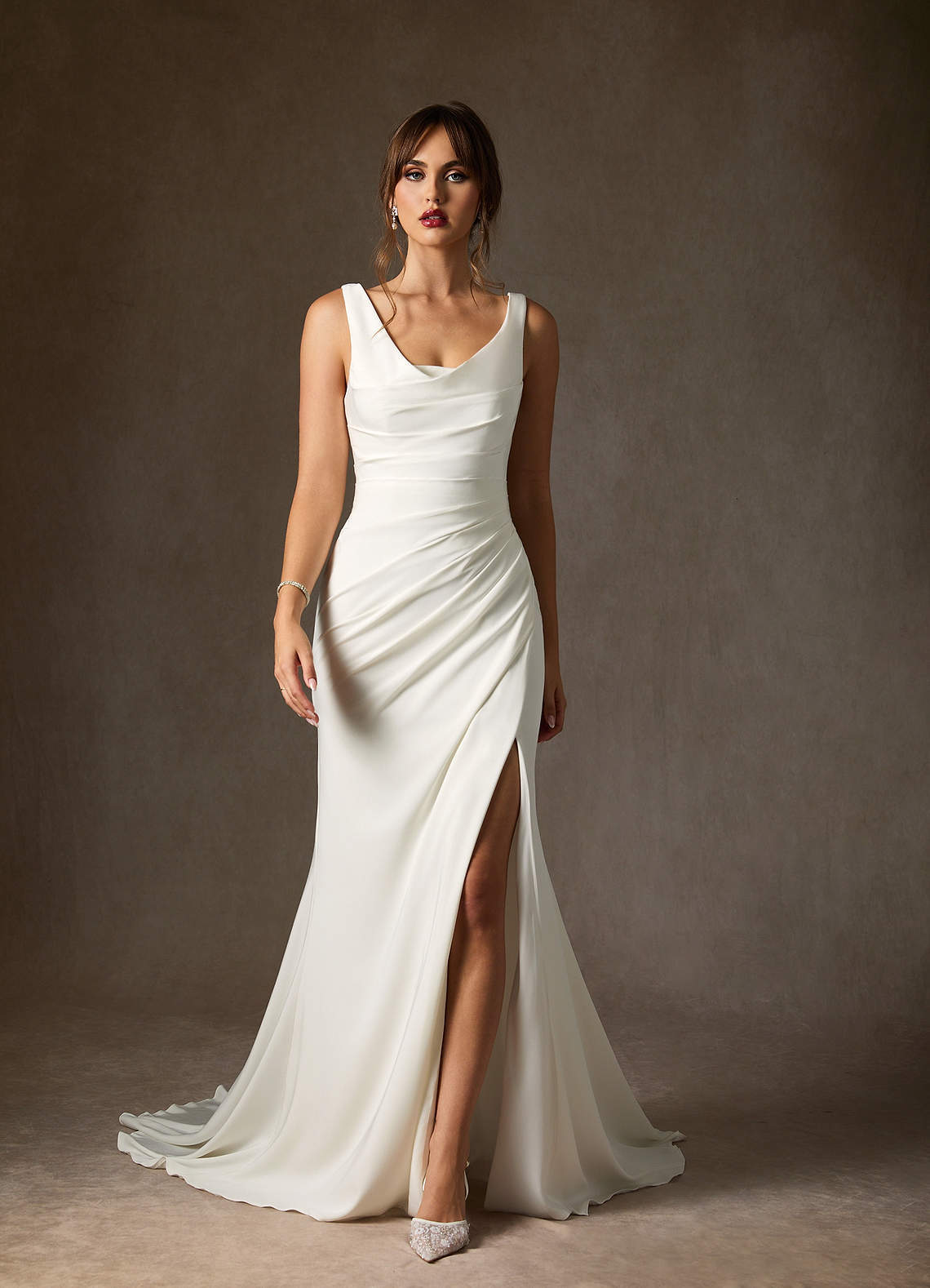 elyessen Daira Diamond White Mermaid Scoop Pleated Crepe Back Satin Dress